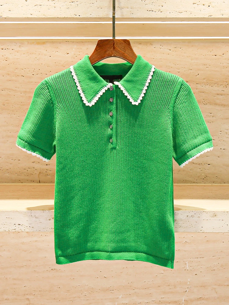 

M Home Nan You Высококачественная женская трикотажная футболка с воротником и кружевной отделкой, простой топ для поездок на работу