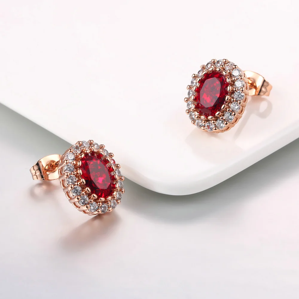 Simple Red Blue Green Crystal Stud Earrings for Women Rose Gold Color Ear Piercing Wedding Party Fashion Jewelry Female Gift