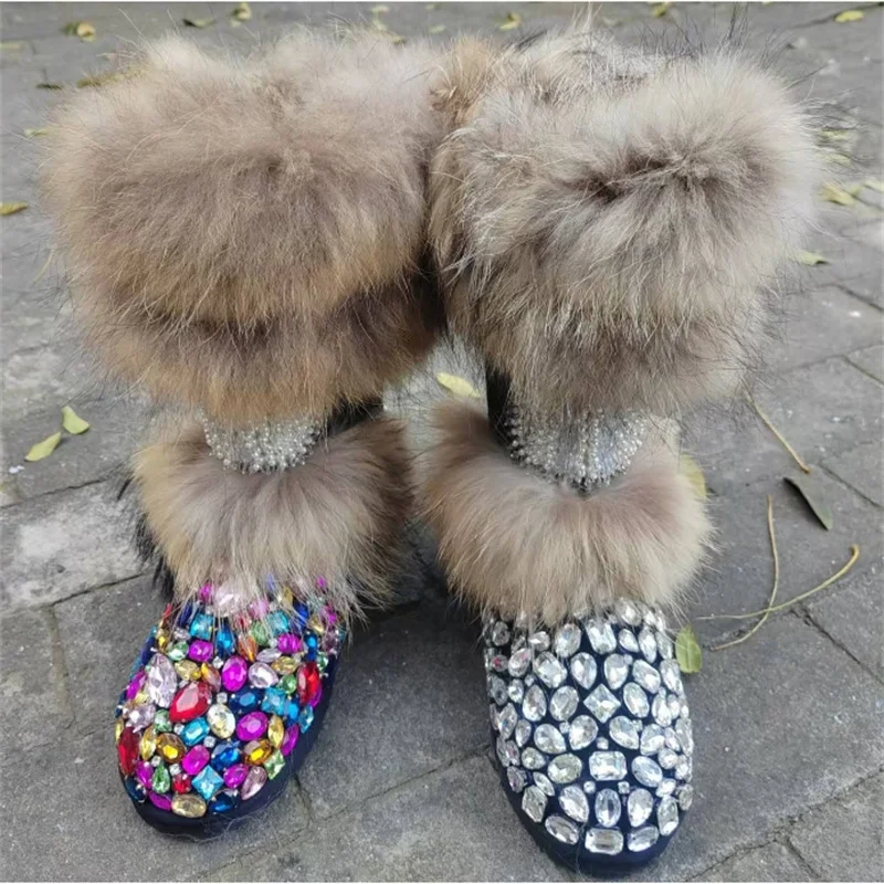 Big Fox Fur Luxury Jewel Accessories Fur One Snow boots Handmade custom wedding party warm plus-size women's boots 33-44