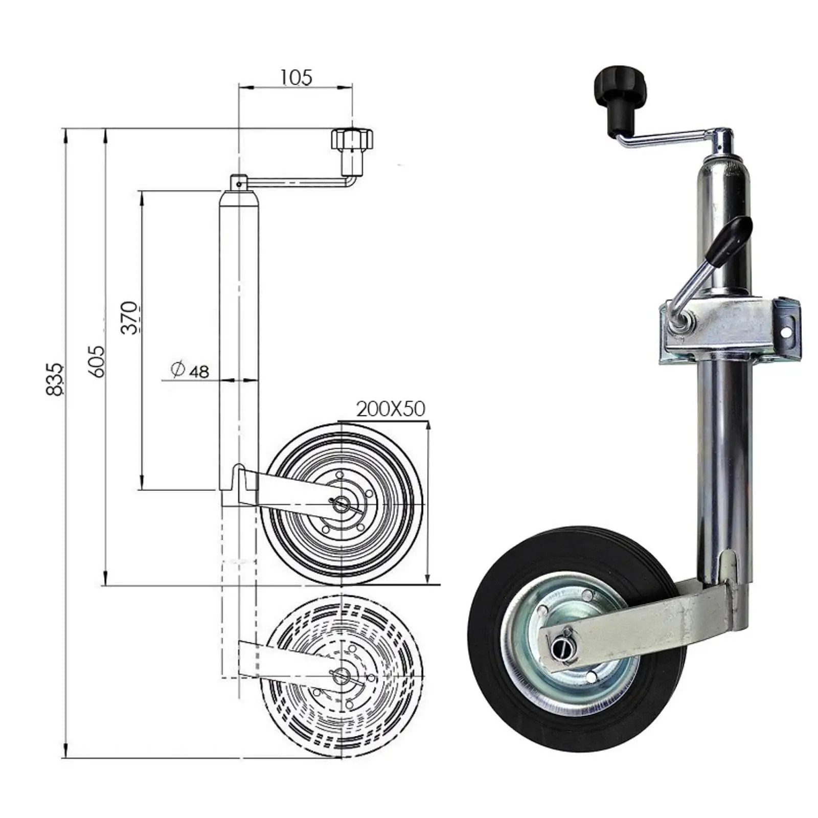 Trailer Jack Premium Parts Accessories Rubber Wheel with Wheel 150kg Load Bearing Capacity