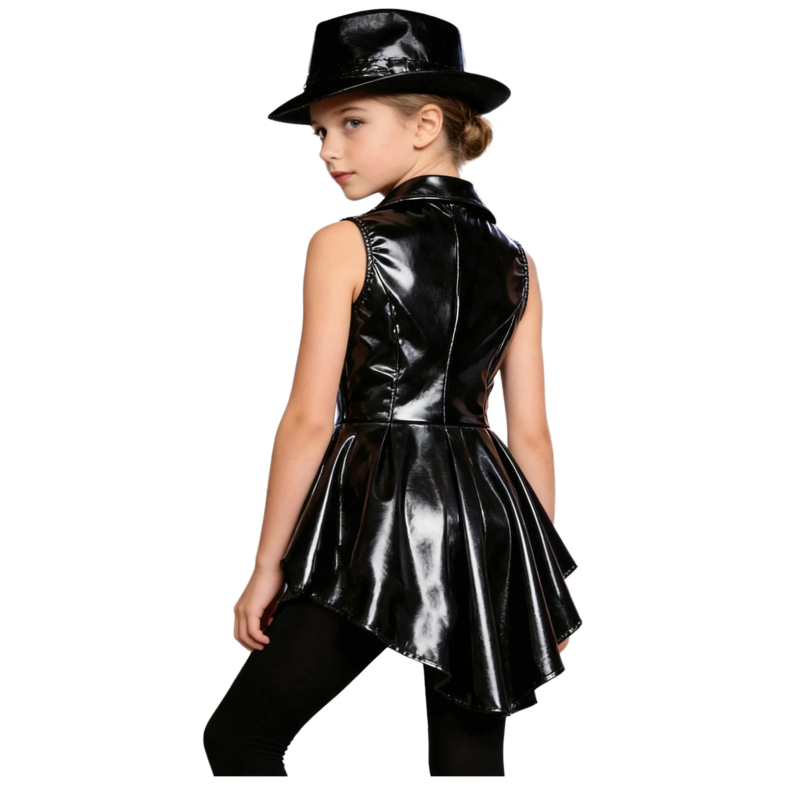 Kids Girls Metallic Disco Jacket Vest Jazz Hip Hop Dance Performance Costume Sleeveless Button Asymmetric Ruffled Peplum Tops