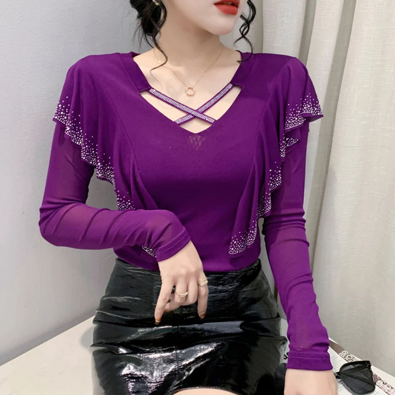 New 2025 Spring Long Sleeved V-Neck Women Shirt Elegant Slim Hot Diamond Ruffles Mesh Tee M-3XL Blue Black T-Shirt