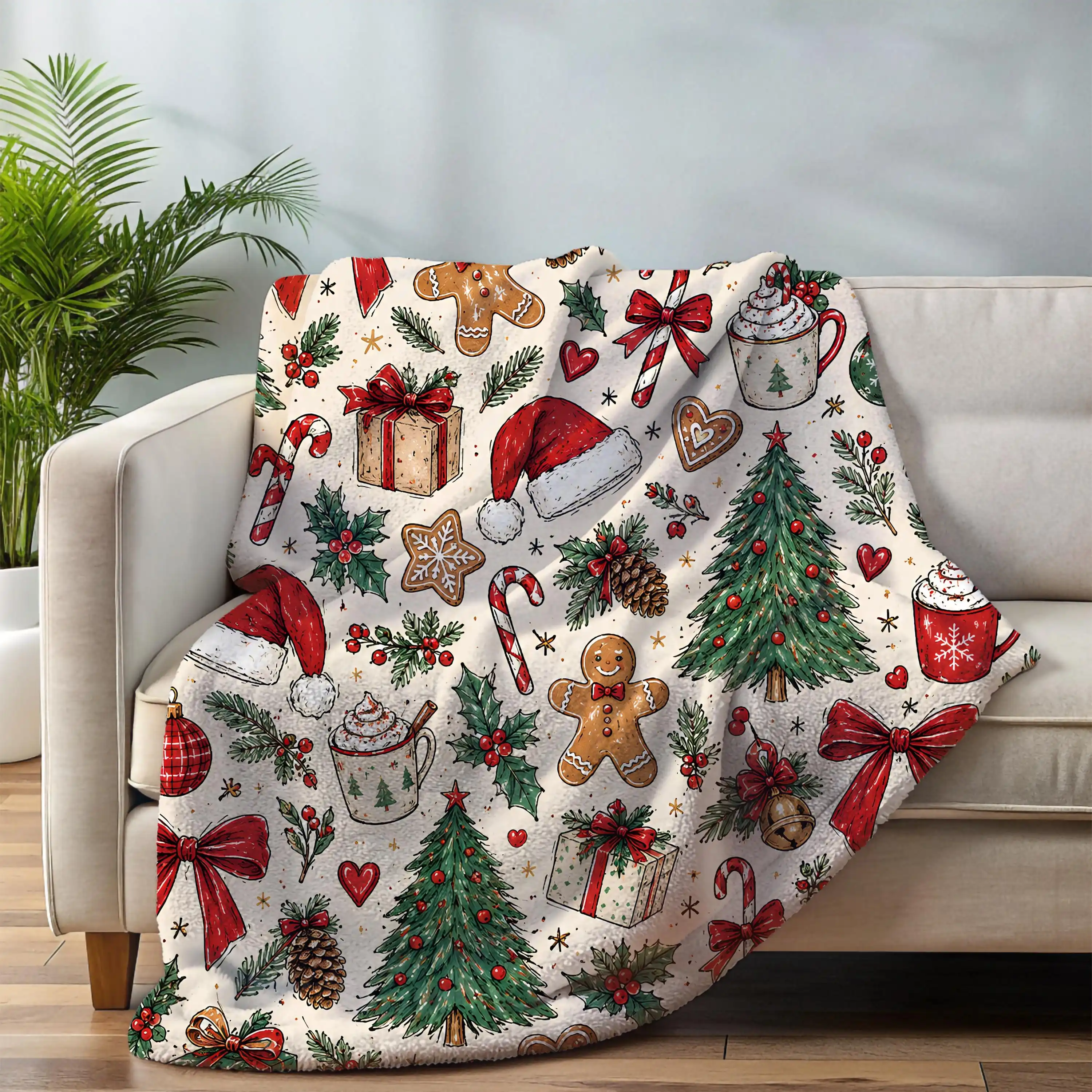Christmas Flannel Blanket Vintage Holiday Throw Gingerbread Candy Cane Christmas Decor Holiday Best Gifts