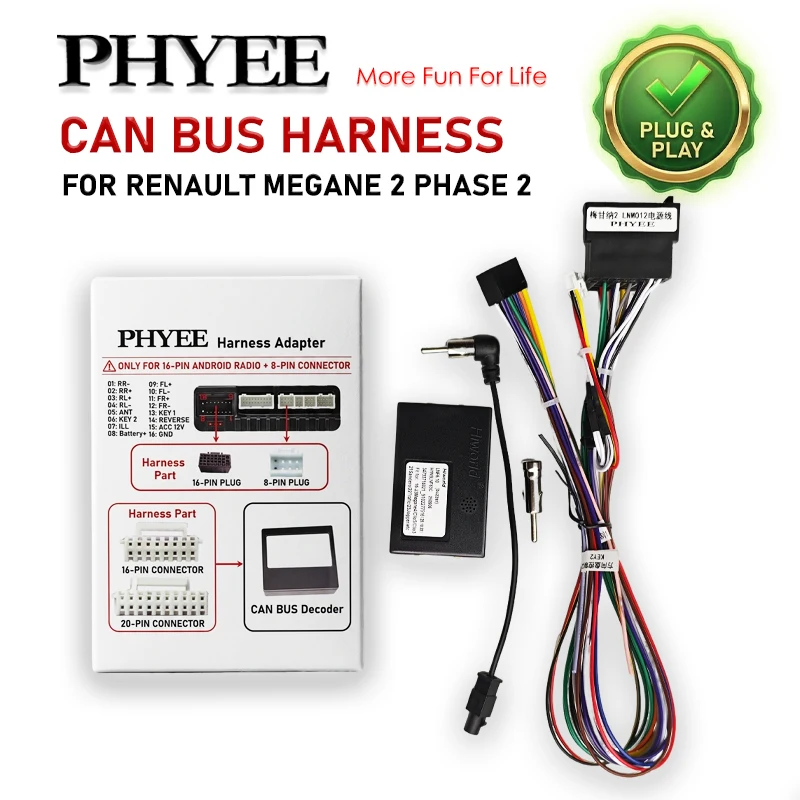 CAN Bus Decoder Harness, Support R-Link TOMTOM Display SWC, Pug & Play 16Pin Android Radio, for Renault Megane 2 Phase 2, Clio 3