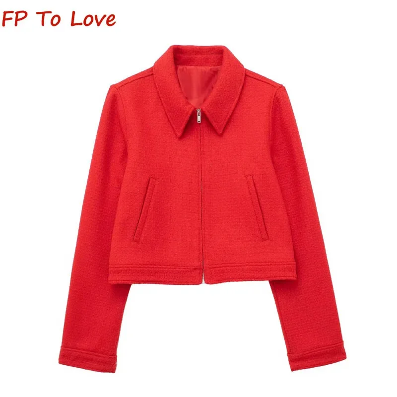 

Spring Autumn 2024 Female Textured Jacket Coat PB&ZA Woman Red Lapel Top 2315075