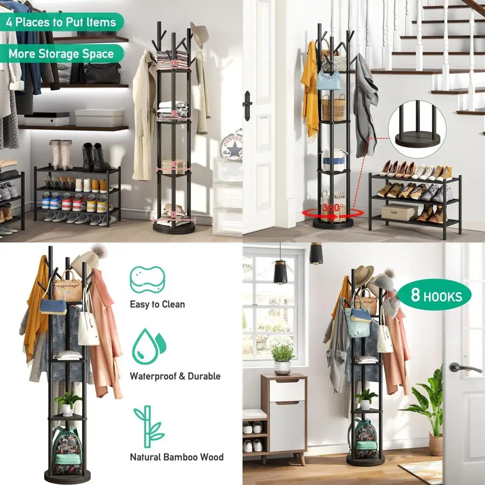 

8-Hook Bamboo Coat Rack Stand, Freestanding for Entryway, Black