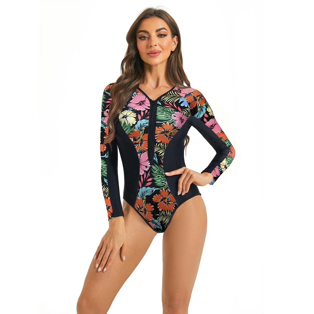 NACULAR Long Sleeve Swimsuit Women Printed Sport Surfing Swimwear One Piece Bathing Beachwear Diving Zipper 2024 New Rash Guard