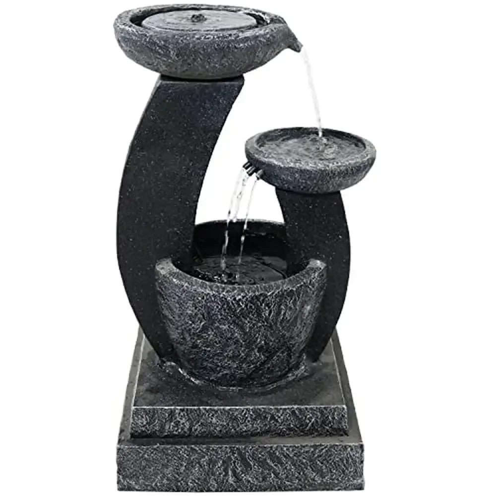 28-Inch Solar Water Fountain with Battery Backup and LED Lights Modern Cascading Bowls Outdoor Yard Decor Resin Construction