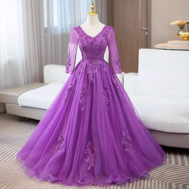 Vestido de baile roxo personalizado, vestidos quinceanera, apliques de tule, baile, festa de aniversário, ocasião formal