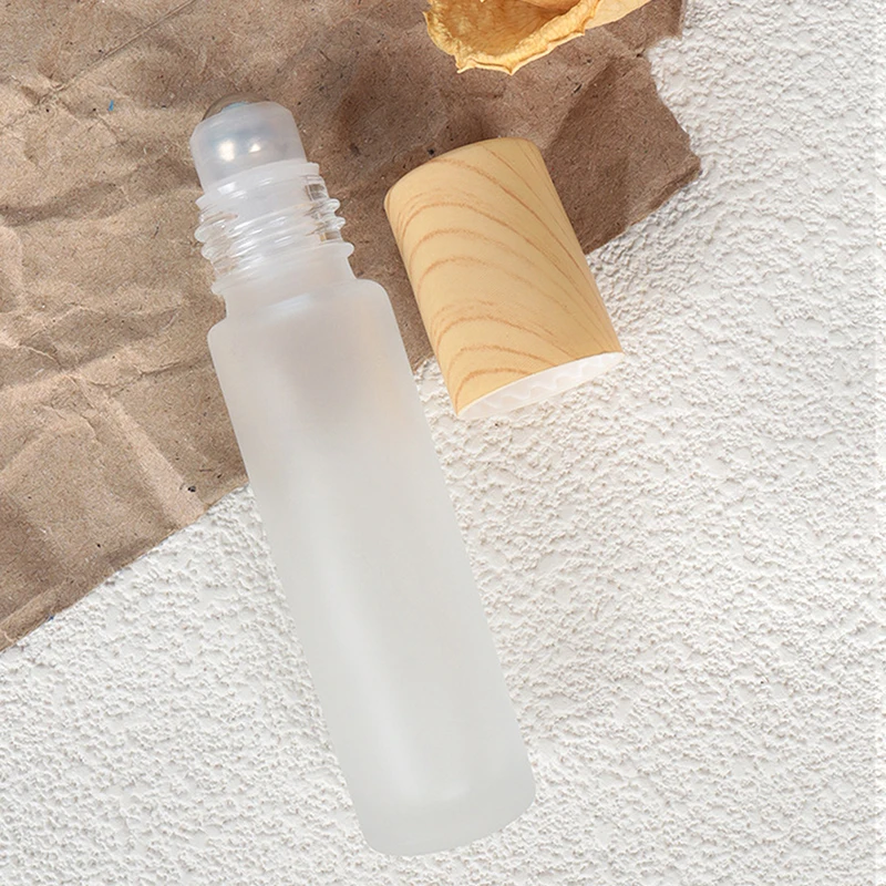 5ml10ml Frosted Glass Roller Bottle Wood Grain Plastic Cap For Essential Oils Roll-On Bottle With Stainless Steel Roller Ball