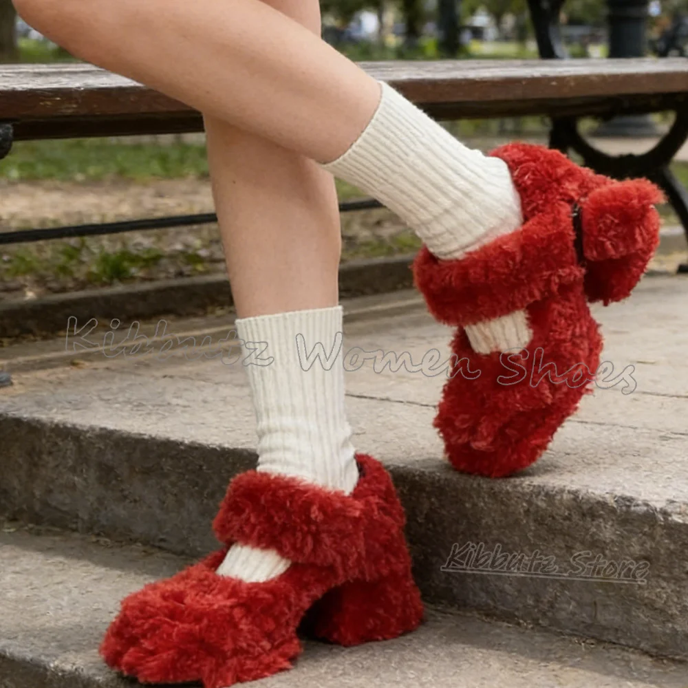 

Shaggy Furry Single Pumps Round Toe Square Heel Women Shoes Solid Color Red One Word Belt Novelty Fashion Sexy Concis Newest