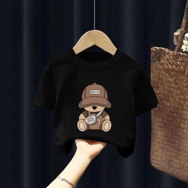 

Одежда для мальчиков и детей с короткими рукавами и принтом плюшевого мишки. Летние повседневные топы для девочек и детей маленького и среднего размера.