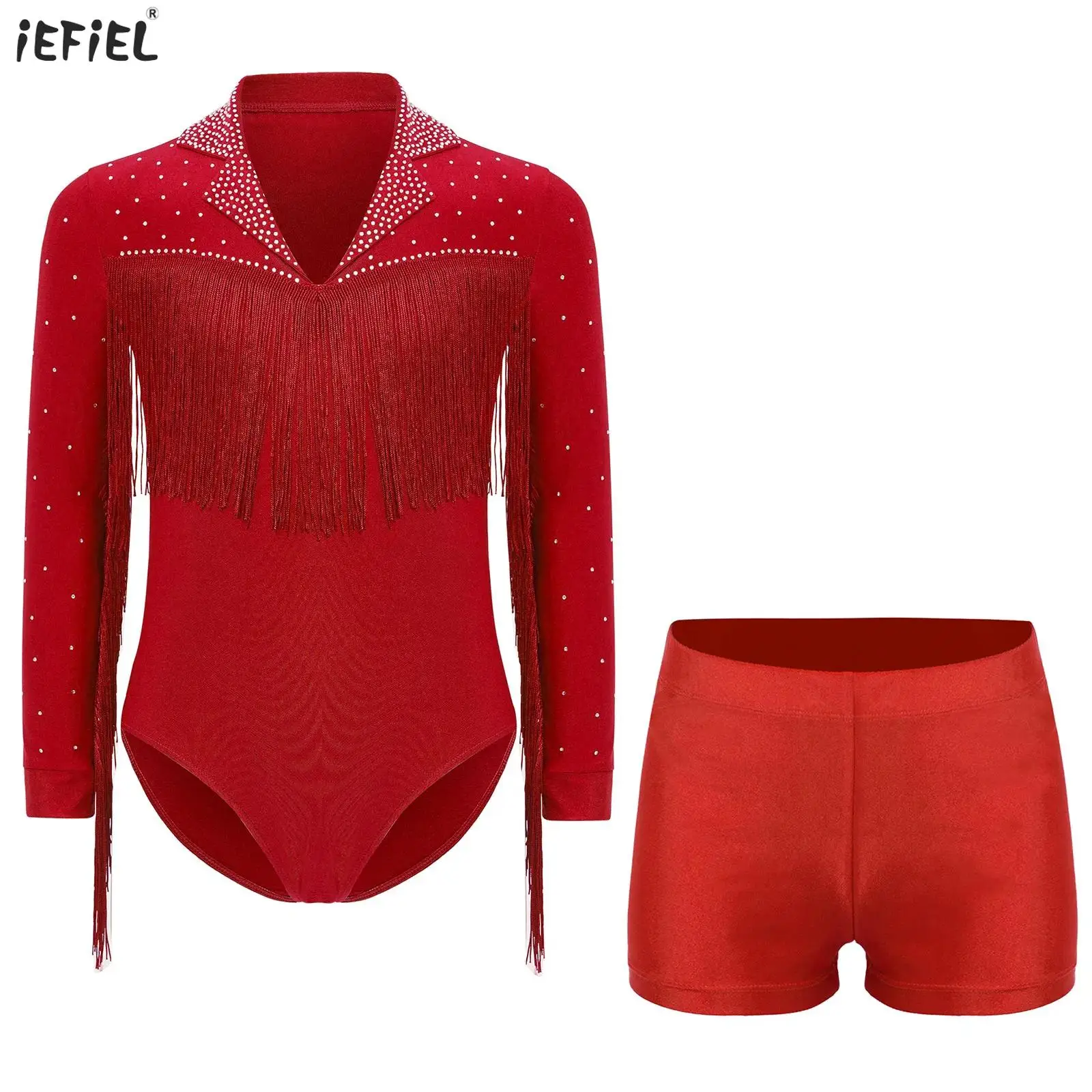 

Kids Boys Latin Dance Costume Ballroom Samba Dancewear Long Sleeve Shiny Rhinestones Tassel Leotard+Elastic Waistband Shorts Set