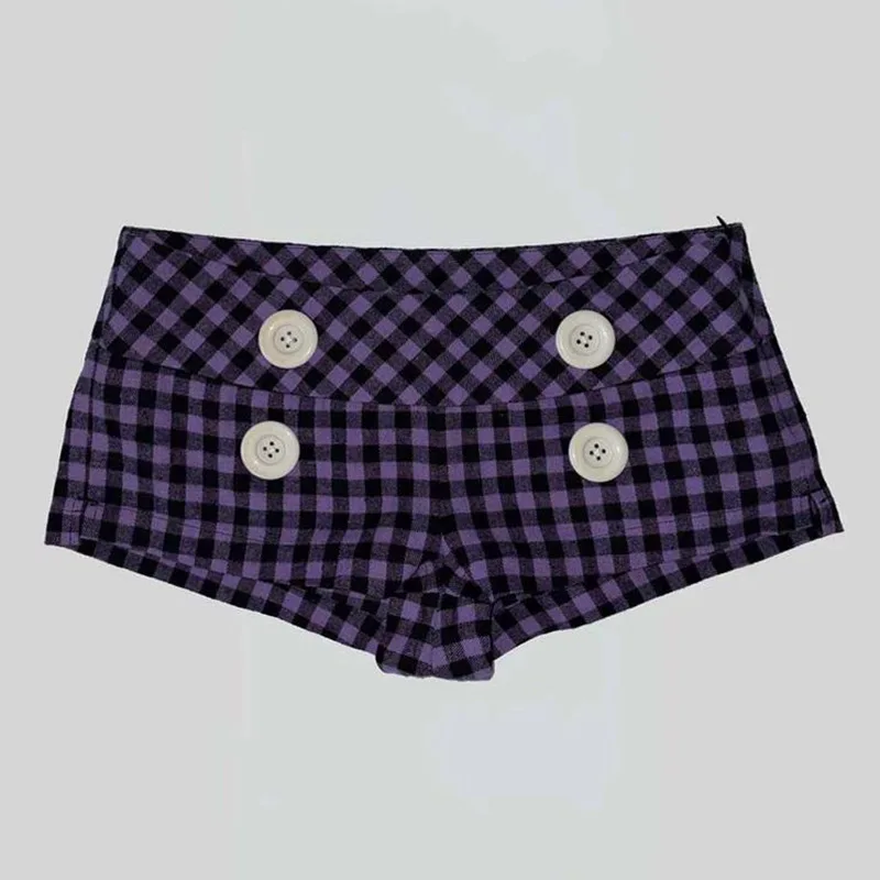 Coquette Black Pink Gingham Low Waist Hot Pants Women Double Decor Buttons Bodycon Mini Shorts Retro Streetwear Bottom