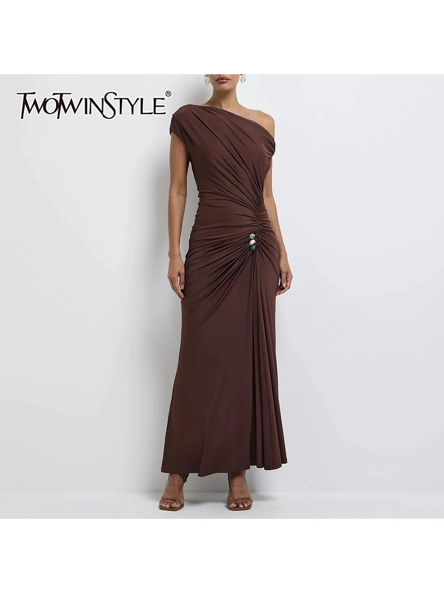 

TWOTWINSTYLE Patchwork Folds Dresses for Women Diagonal Off Shoulder High Waist Solid Irregular Dress Female Fashion Clothing