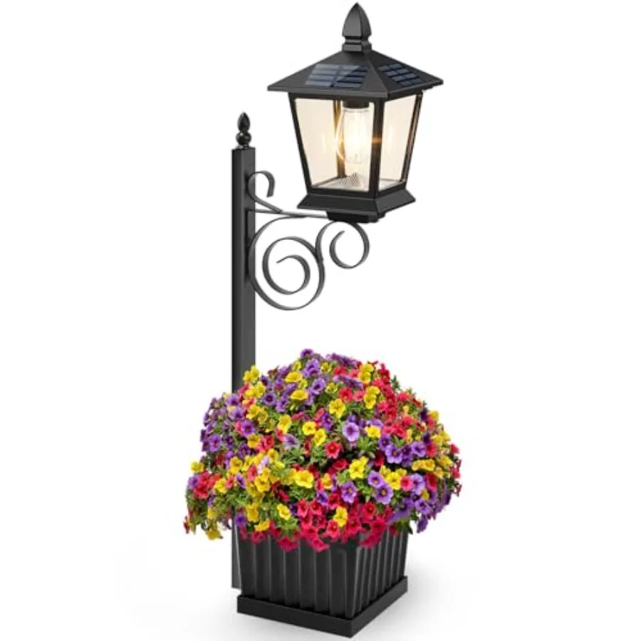 Outdoor Flower Pots 2 in 1, Solar Lamp Post with Planter, Metal Pole, Wall Mount/Standing Solar Planter Lights IP65 Waterproof,