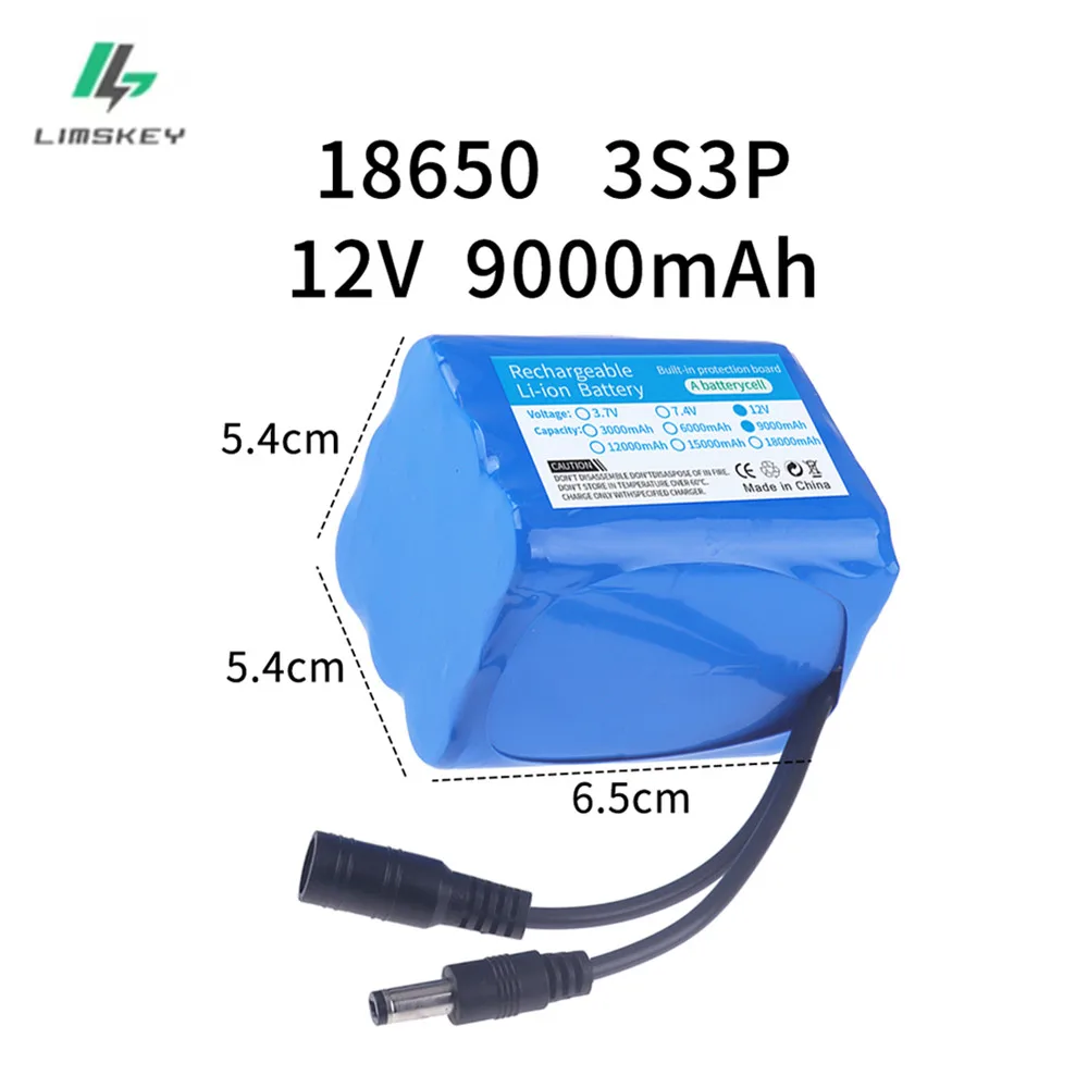 12V 3S3P 9000mAh battery pack 18650 lithium ion DC12.6V super large capacity rechargeable battery with BMS + charger