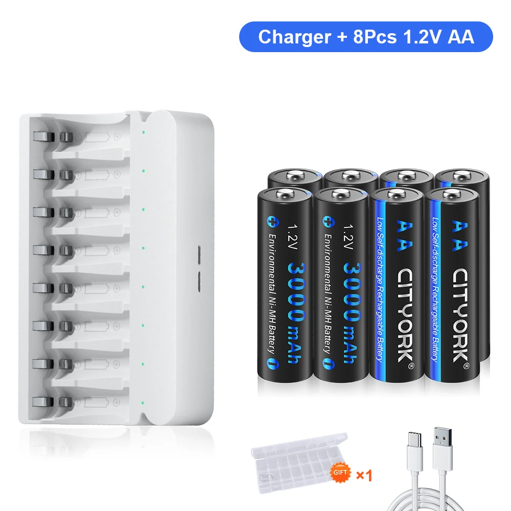 CITYORK 1.2V AA NIMH Rechargeable 2A HR6 Cel Low self discharge Batteries With 8 Slots LED USB AA AAA NI-MH Battery Charger