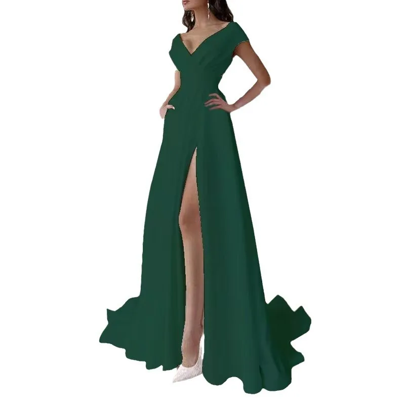 Vestido longo sem alças com decote em v, vestido formal de noite, cor sólida, princesa, midi, para mulheres, escritório para festa