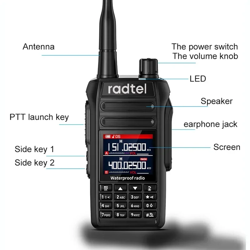 Imagem -03 - Radtel Rt495 10w Ip67 à Prova Dip67 Água Bandas Amador Presunto Rádio em Dois Sentidos 256ch Aviação Banda Aérea Walkie Talkie Lcd Cor Polícia Varredura