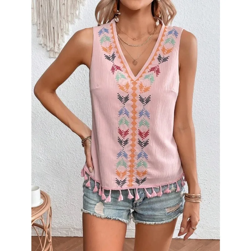 

2024 New Women's Summer Casual V-neck Embroidered Spliced Bottom Fur Tank Top Street Trendsetters Female Fashion Sleeveless Vest