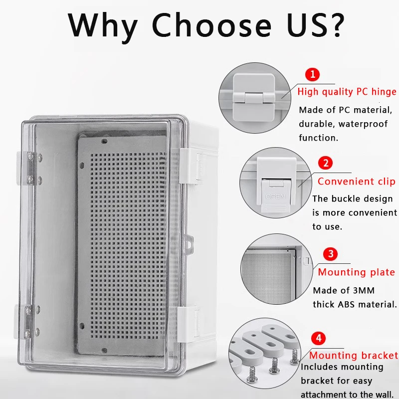 Outdoor Waterproof Electronic Box IP66 Grey/Transparent Cover Distribution Case ABS Housings with Buckle Plastic Junction Box