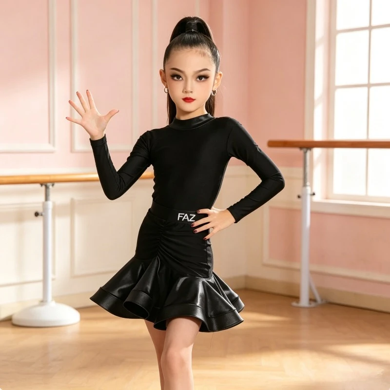 

Girls Latin Dance Costume Long Sleeve Cha Cha Rumba Professional Competition Practice Training Dress latin Dance Dress Giri