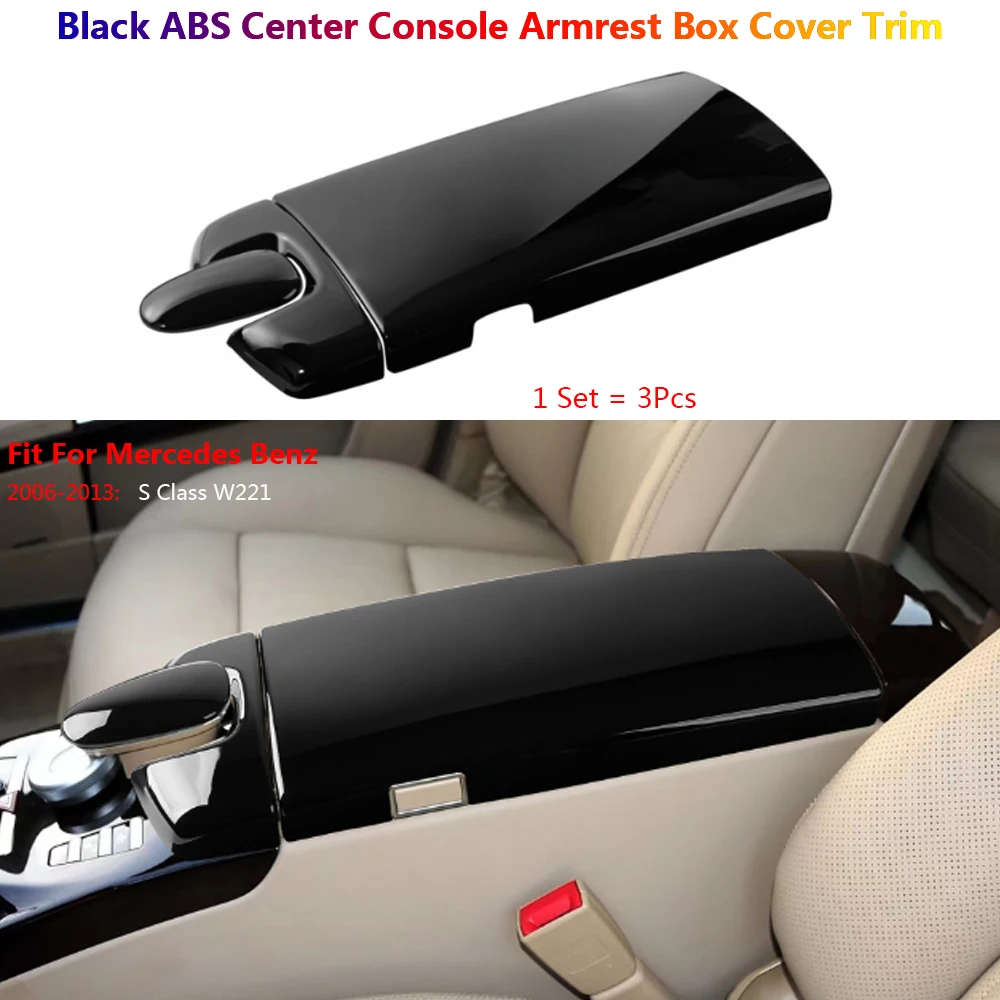 3Pcs Black Car ABS Center Console Armrest Storage Box Cover Trim For Mercedes Benz S W221 Interior Voiture Decoration Accessorie