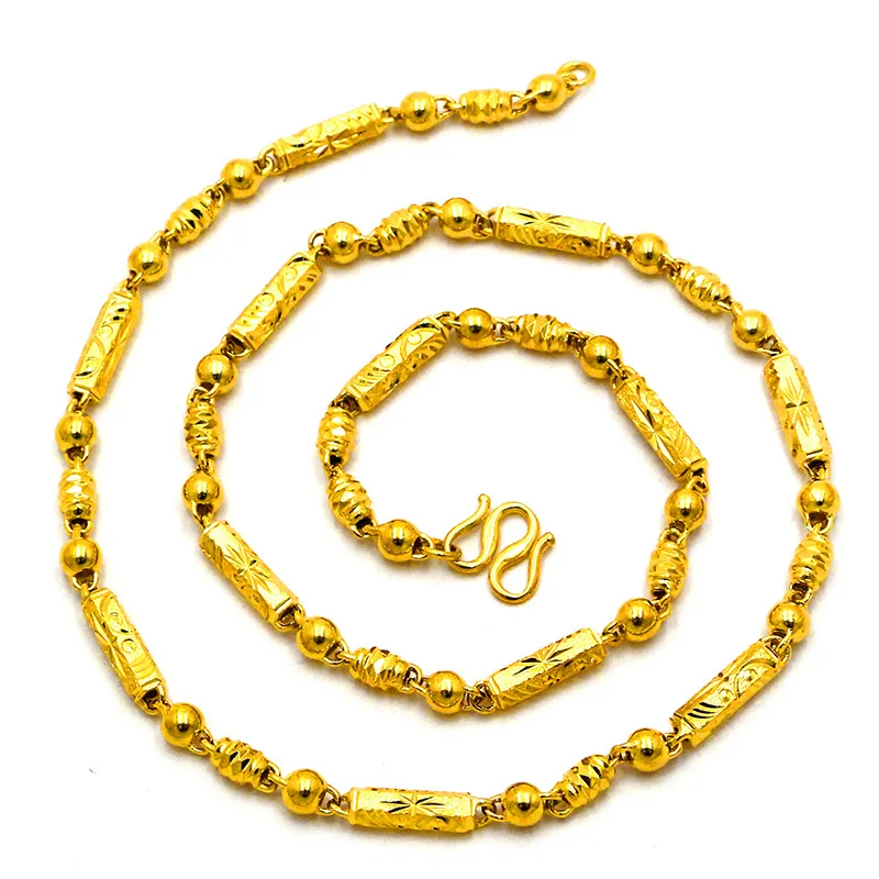 9999 gold elongated men's necklace - men's jewelry - hexagonal necklace - 6mm round bead barrel bead flower chain
