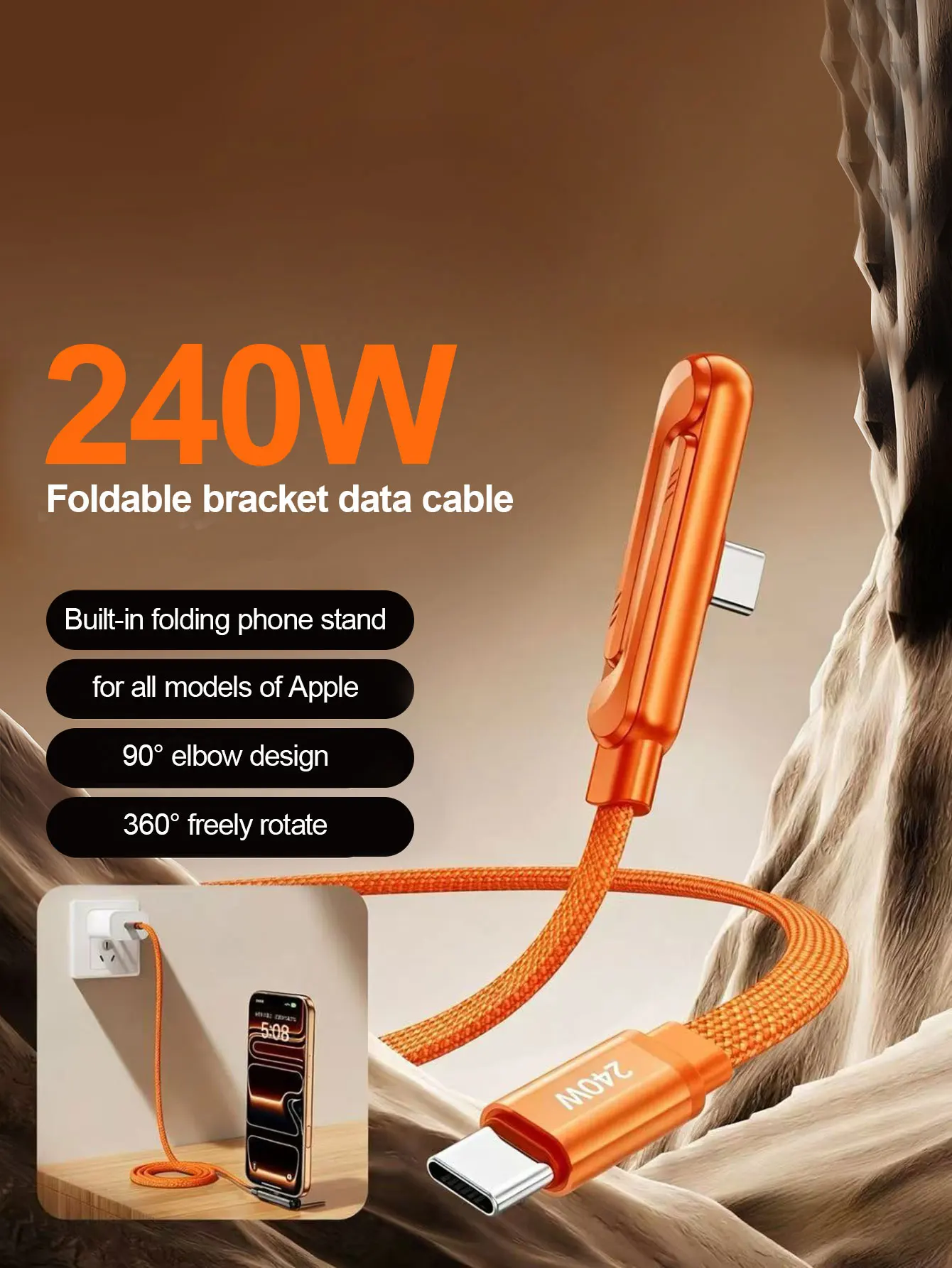 240W USB C To Type C Cable Elbow Fast Charging Data Cable Foldable Stand Phone Holder For iPhone 17/16/15 Samsung Xiaomi Huawei