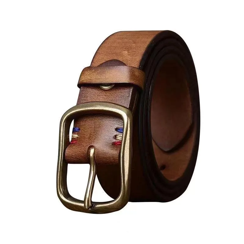 3.8CM wide thickened top layer pure cowhide copper buckle genuine leather belt men's retro versatile jeans belt