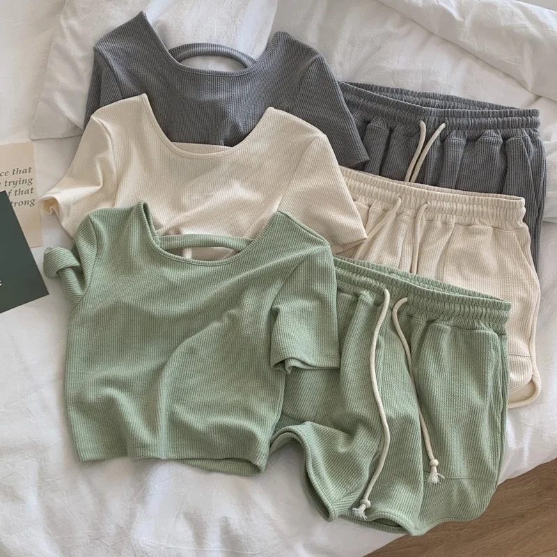 Minimalist Fitness Sports Suit Summer Elastic Waist Shorts Tight Fitting Short Sleeved T-shirt Women's Casual Two-piece Set