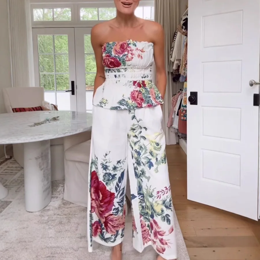 2pcs 의류 세트 봄 여름 새로운 꽃 꽃 인쇄 Strapless 민소매 탑 & 느슨한 넓은 다리 바지