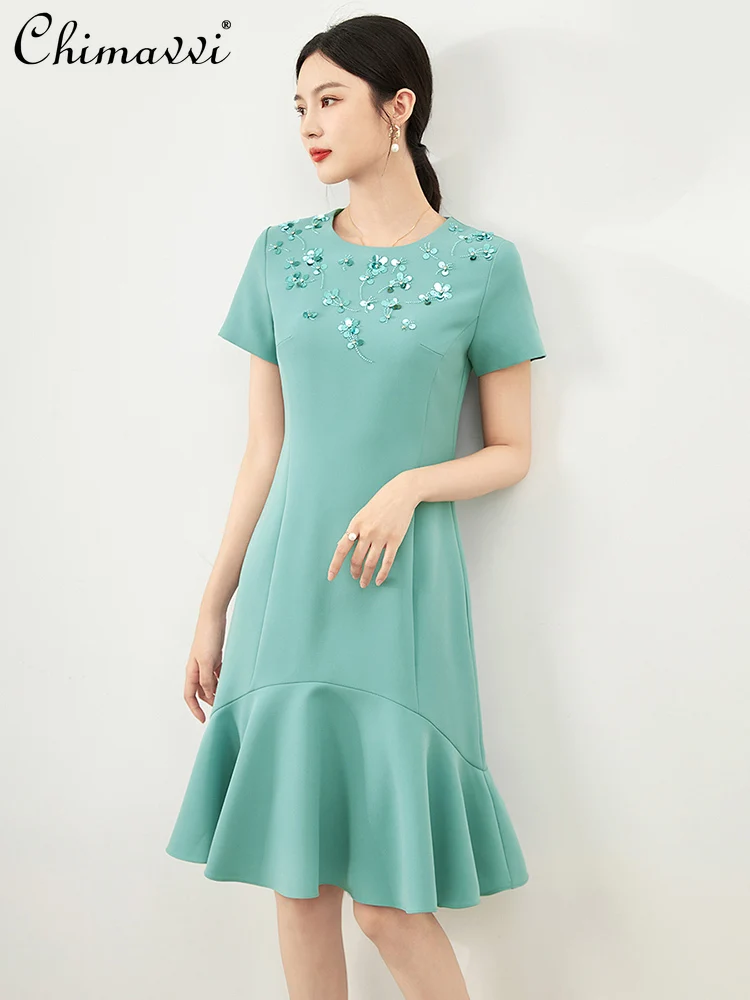 

French Elegant Commuter Heavy Industry Sequined Beads High Waist Hip-wrapped Celebrity Temperament Fishtail Dress Women Summer
