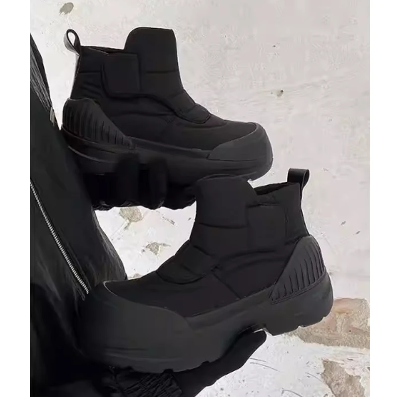 Men's Black Padded Slip-On Ankle Boots Platform Sole Winter Warm Casual Shoes Non-Slip Thick Sole Fashion Comfortable Footwear
