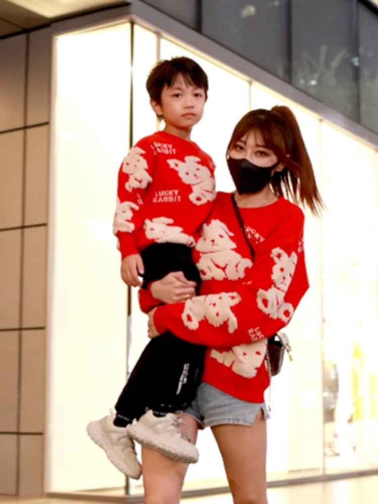 Parent-child Sweater Knitwear Mother-child Wear Mother-daughter Red Parent-child Sweater Autumn and Winter