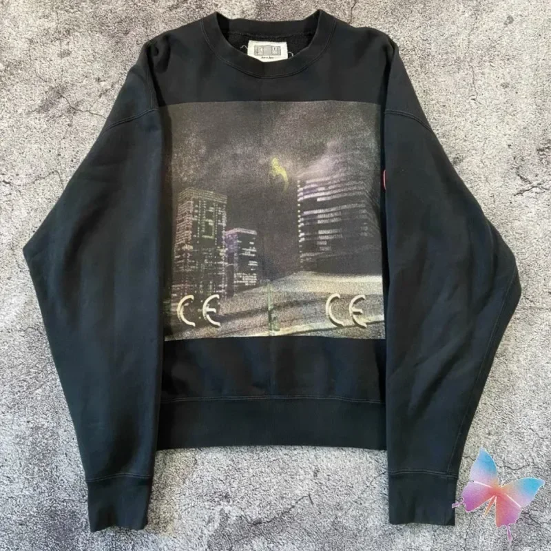 

Черные толстовки большого размера CAVEMPT, хлопковые пуловеры с круглым вырезом и абстрактным принтом, уличные пуловеры в стиле хип-хоп для мужчин и женщин, повседневная свободная толстовка CE