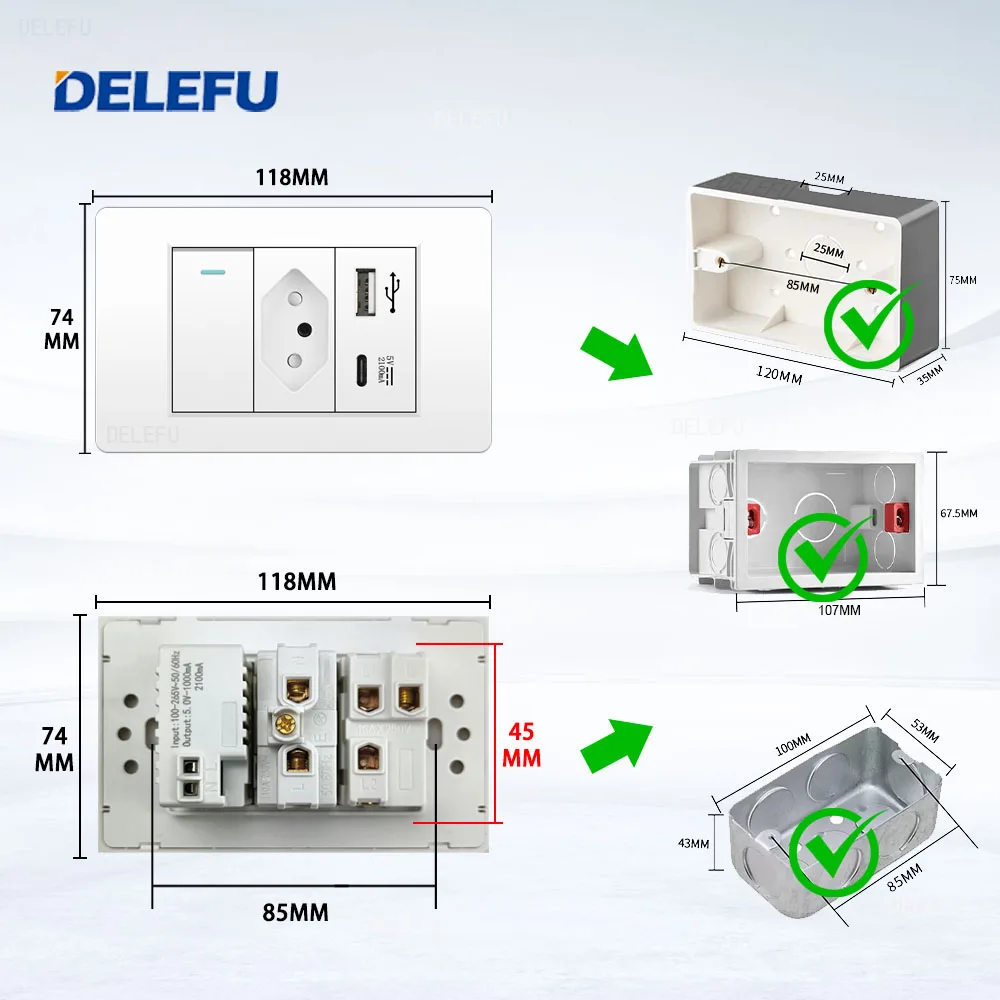 DELEFU 4*2  PC Brazil Standard Outlet 10A 20A Switzerland Multifunction Single Usb Type C Wall Socket Light Switch