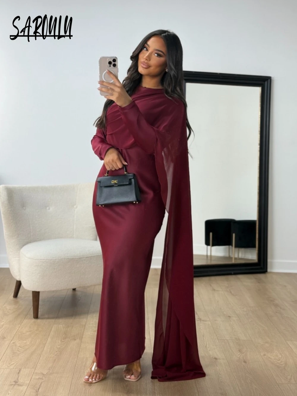 Burgundy Abaya Women Satin Modest Evening Dress Simple Hot Sale Cocktail Gown With Side Cape Elegant Arabic Long Sleeves Robe