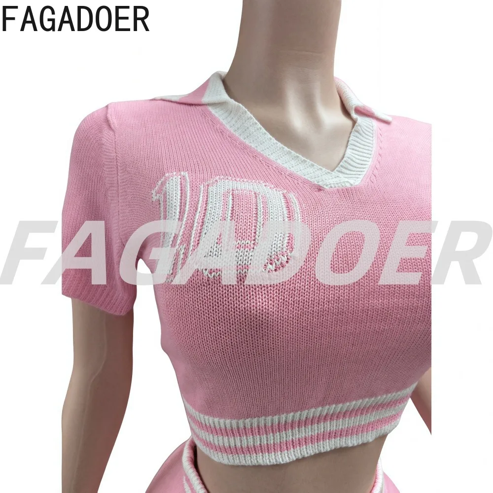 FAGADOER Fashion Knit 2 Piece Sets Woman Outfit Short Sleeve V-neck Stripe Patchwork Crop Top + Shorts Suit Matching Streetwear