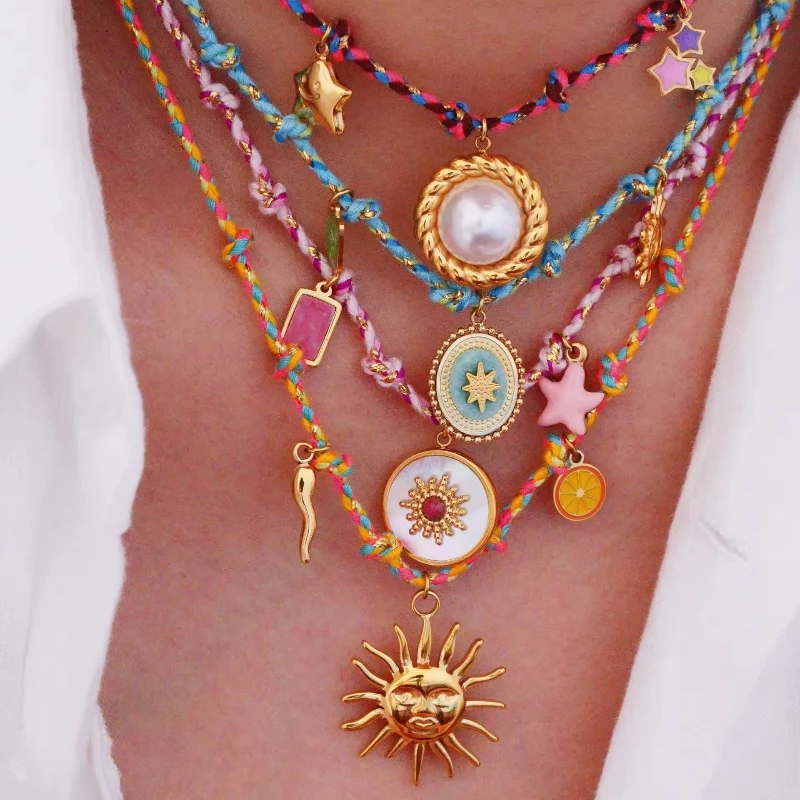 

Fashion Elegant Hand-woven Rope Chain Flower Star Heart Evil Eye Pendant Waterproof Charm Stainless Steel Necklace for Women