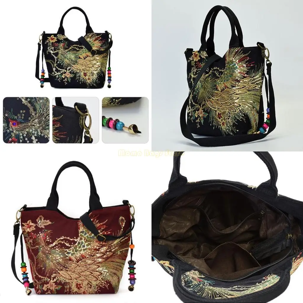 

X90D Women Embroidery Ethnic Handbag Crossbody Purse Ladies Tote Shoulder Bag