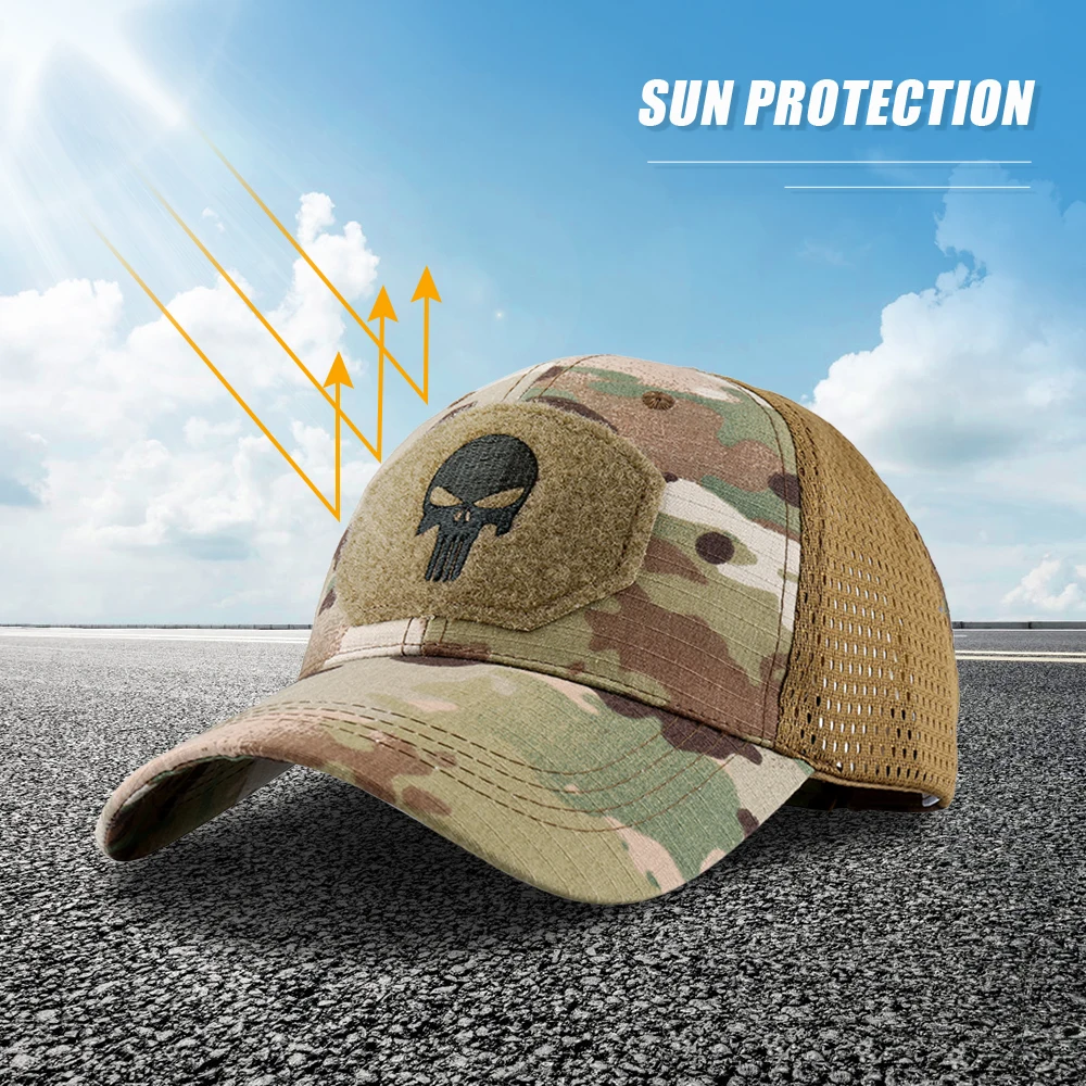 Outdoor Skull Camo Baseball Hat Tactical Army Fans Duck Tongue Hat Velcro Grid Embroidered Hat Sun Protection Hat