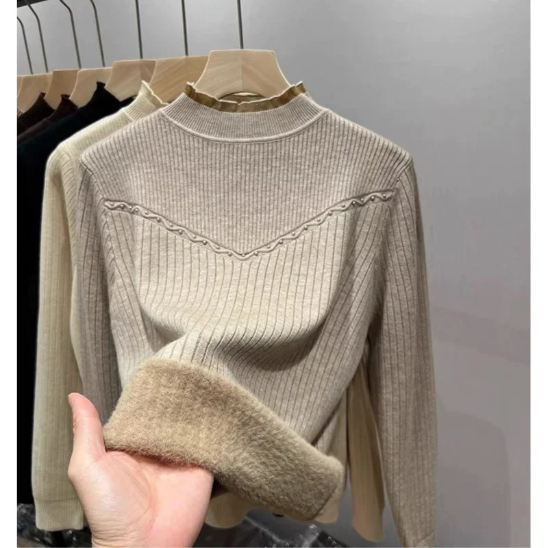 Women Korean Fashion Ruffle Half High Collar Basic Knitted Sweater Autumn Winter Long Sleeve Slim Velvet Thick Warm Pullover Top