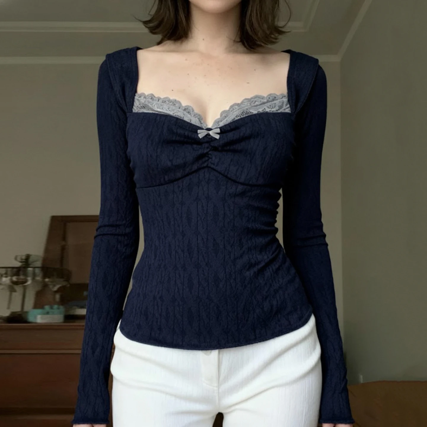 SUCHCUTE Donna Solid Lace Trim Patchwork Bow T-shirt Autunno Primavera Colletto quadrato Manica lunga Tees Y2k Streetwear Pullover Top