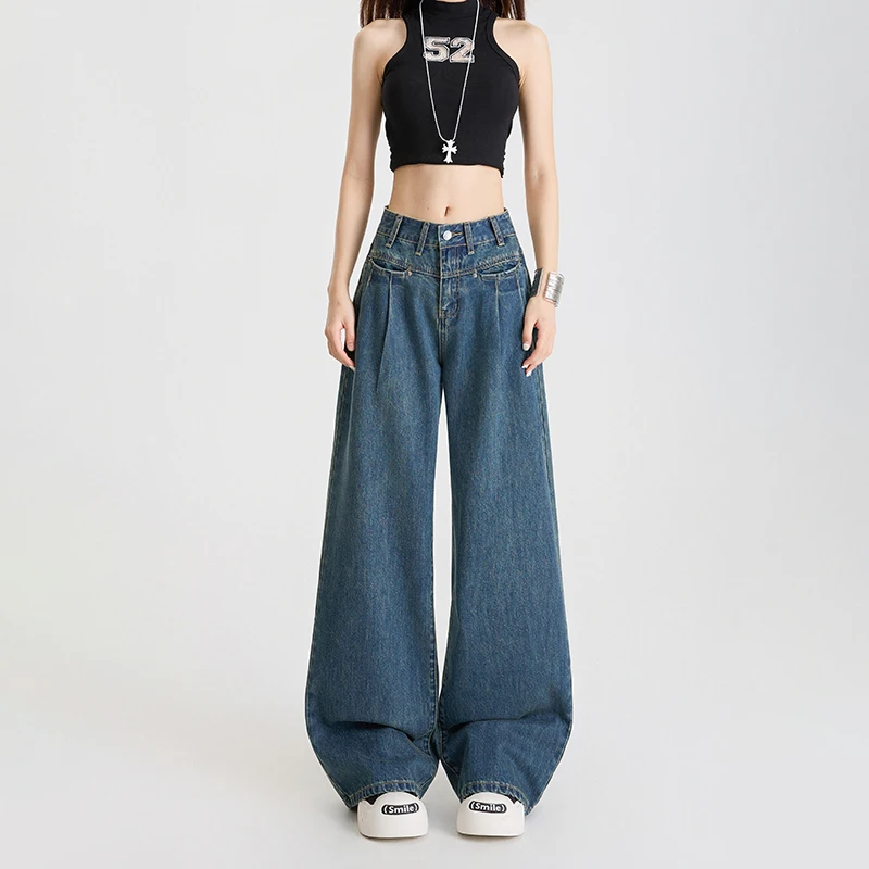 KSTUN 2025 Woman Jeans High Waist Wide Leg Denim Pants Straight Pants Fashion Comfort Front Pleated Vintage Pockets Designer