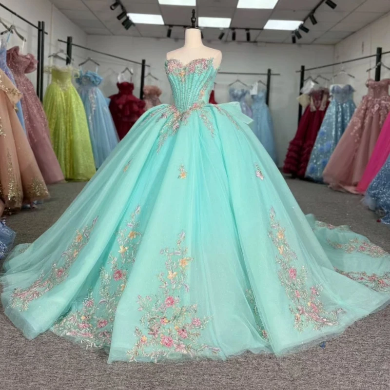 

Зеленые блестящие платья Quinceanera с открытыми плечами и аппликацией из кружева с бисером и бантом из тюля для вечеринки, дня рождения, милое платье 16, Vestidos 15 Anos