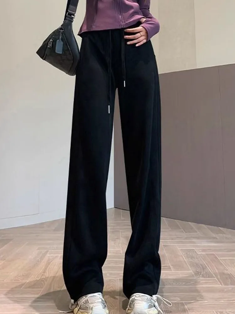 Women Casual Thicken Loose Straight Pants Winter Warm High Waist Lace Up Wide Leg Pantalones Snow Wear Velvet Lined Sweatpants