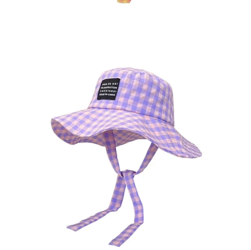 Ins Blogger Retro Plaid Tie Strap Eimer Hut Frauen Sommer Reise Vielseitig Fischer Hut Mädchen Mode Beliebte Breite Krempe Sonne Kappe – Detail 27