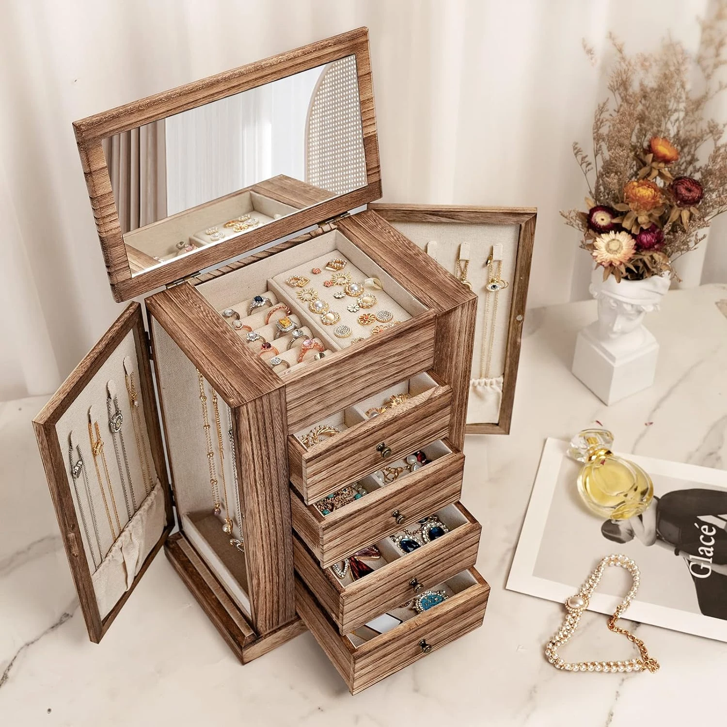 Jewelry Box for Women, 5 Layer Large Wood Boxes & Organizers for Necklaces Earrings Rings Bracelets